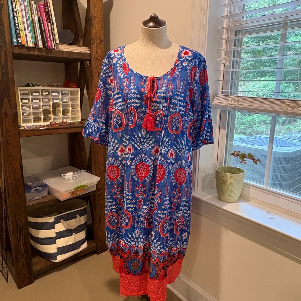 Hand-Printed Floral Blue and Red Dress